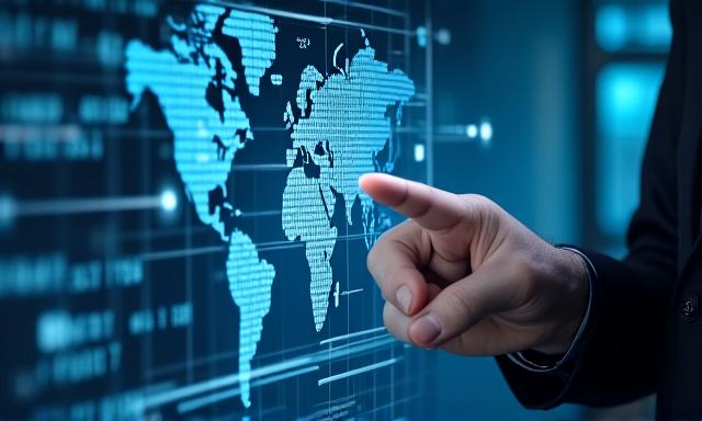Digital interface with data visualizations and professional hands interacting