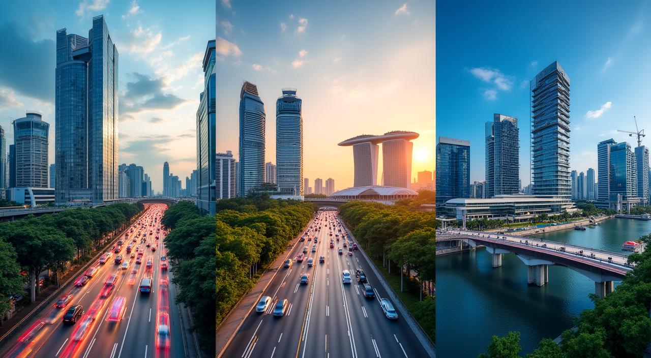 Panoramic view of modern Southeast Asian cityscapes